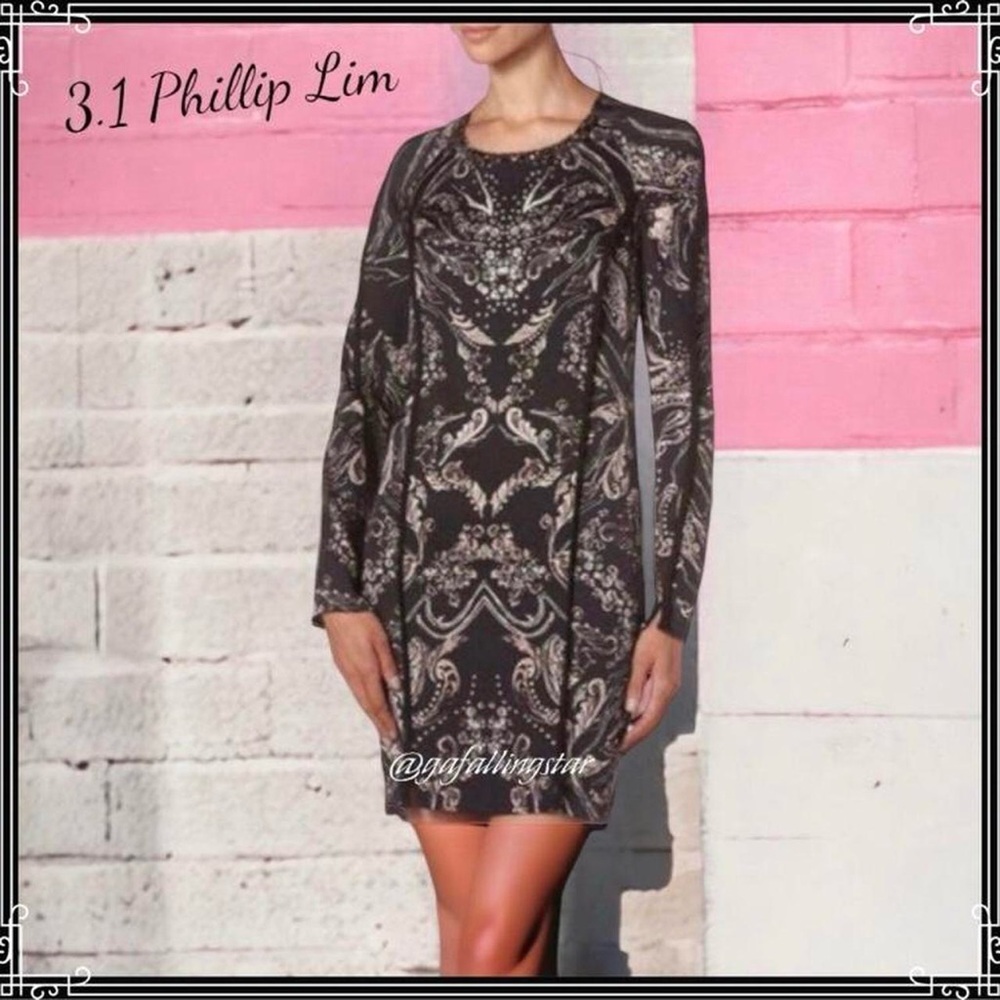 3.1 Philip Lim Silk Dress Long Sleeve‎ Mini Black White Beaded